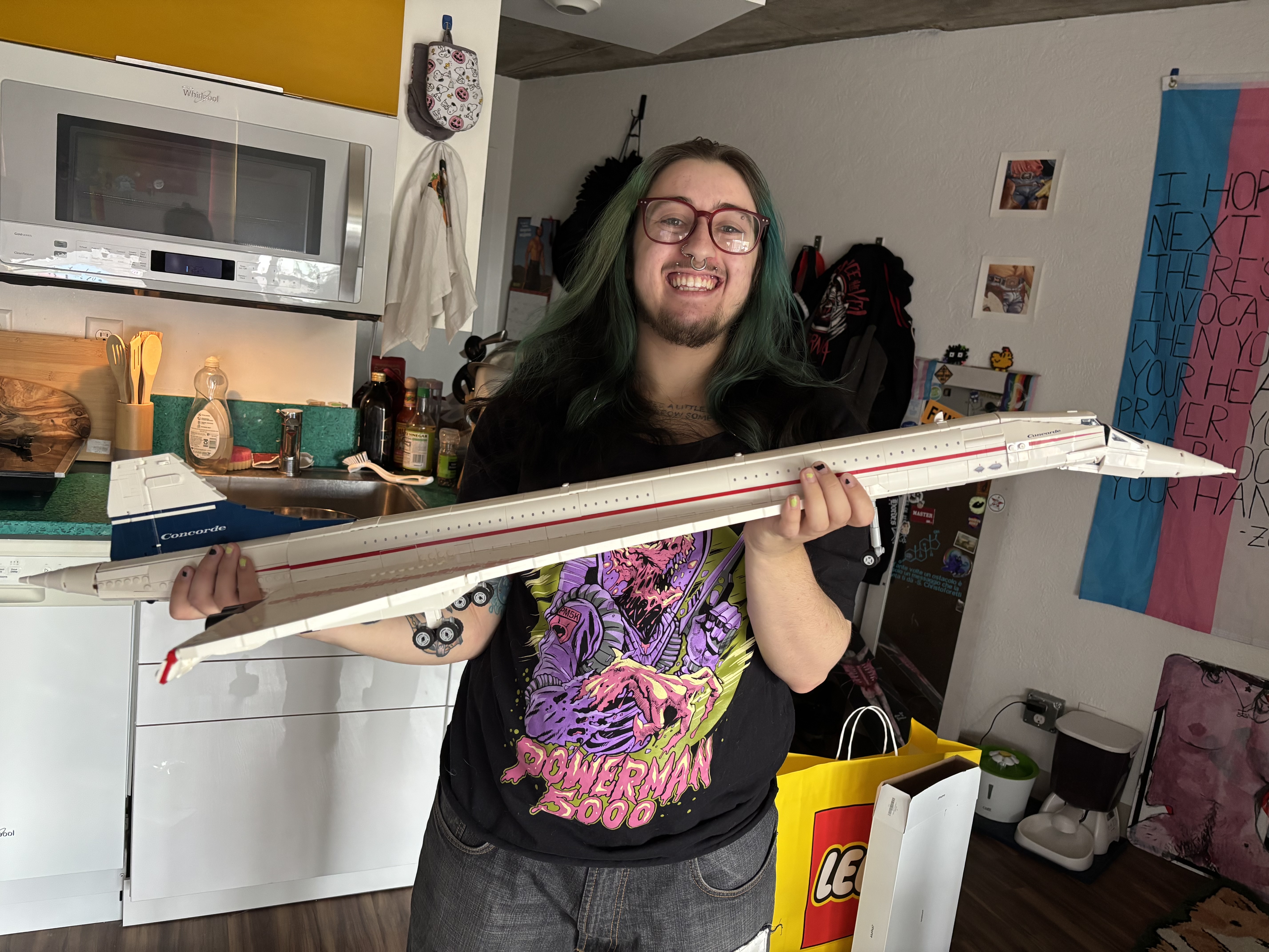 Milo with a lego Concorde aircraft